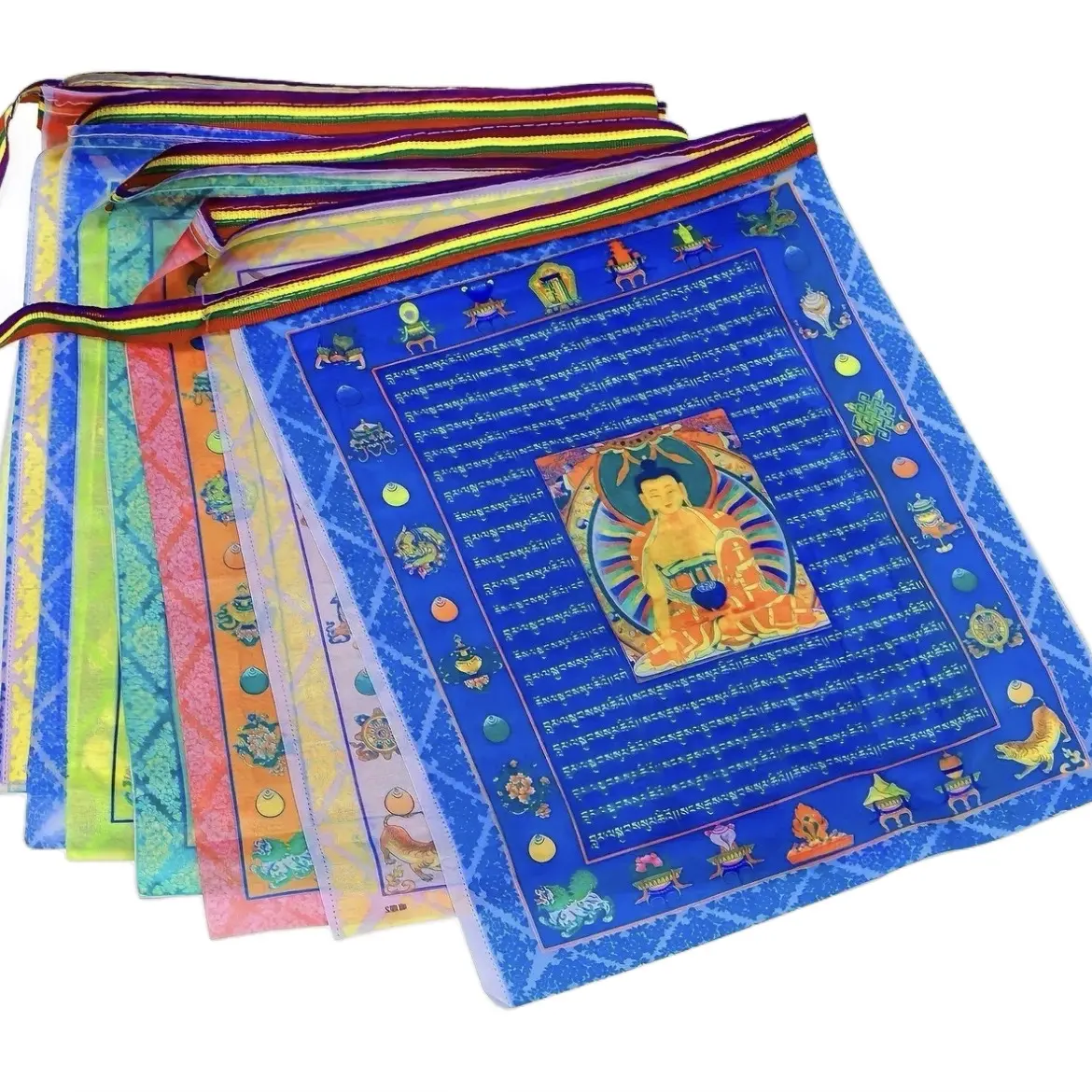 Prayer Flags. Beautiful strand of silky prayer flags suitable for outdoor and indoor. 9 flags per strand. Banners