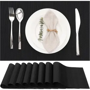 Placemats Set of 8, Vinyl Woven Placemats Indoor Set of 8 Washable Table Mats Non-Slip Place mats for Dining Table (Black, Set of 8)