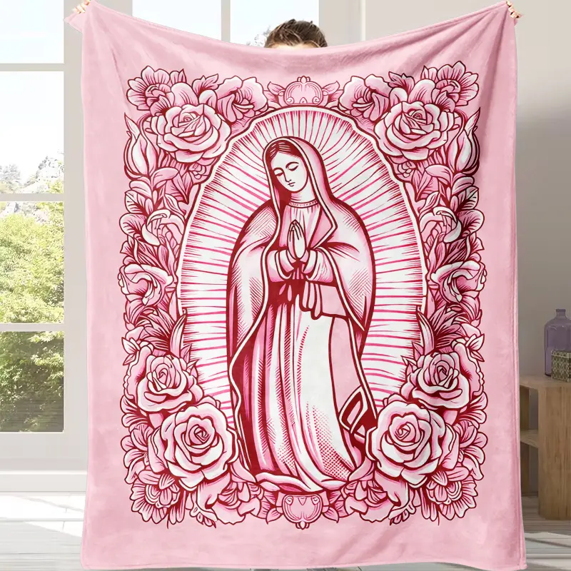 Pink Our Lady of Guadalupe Rose Gentle Soft Fleece Throw Blanket, Virgin Mary Floral Print Religious Saint Art Blanket, Sofa Bed Couch Use Home Decor, Women's Gifts for Catholic Faith Believers (Birthday Xmas Graduation), Gentle Soft Blanket, Womens Gifts