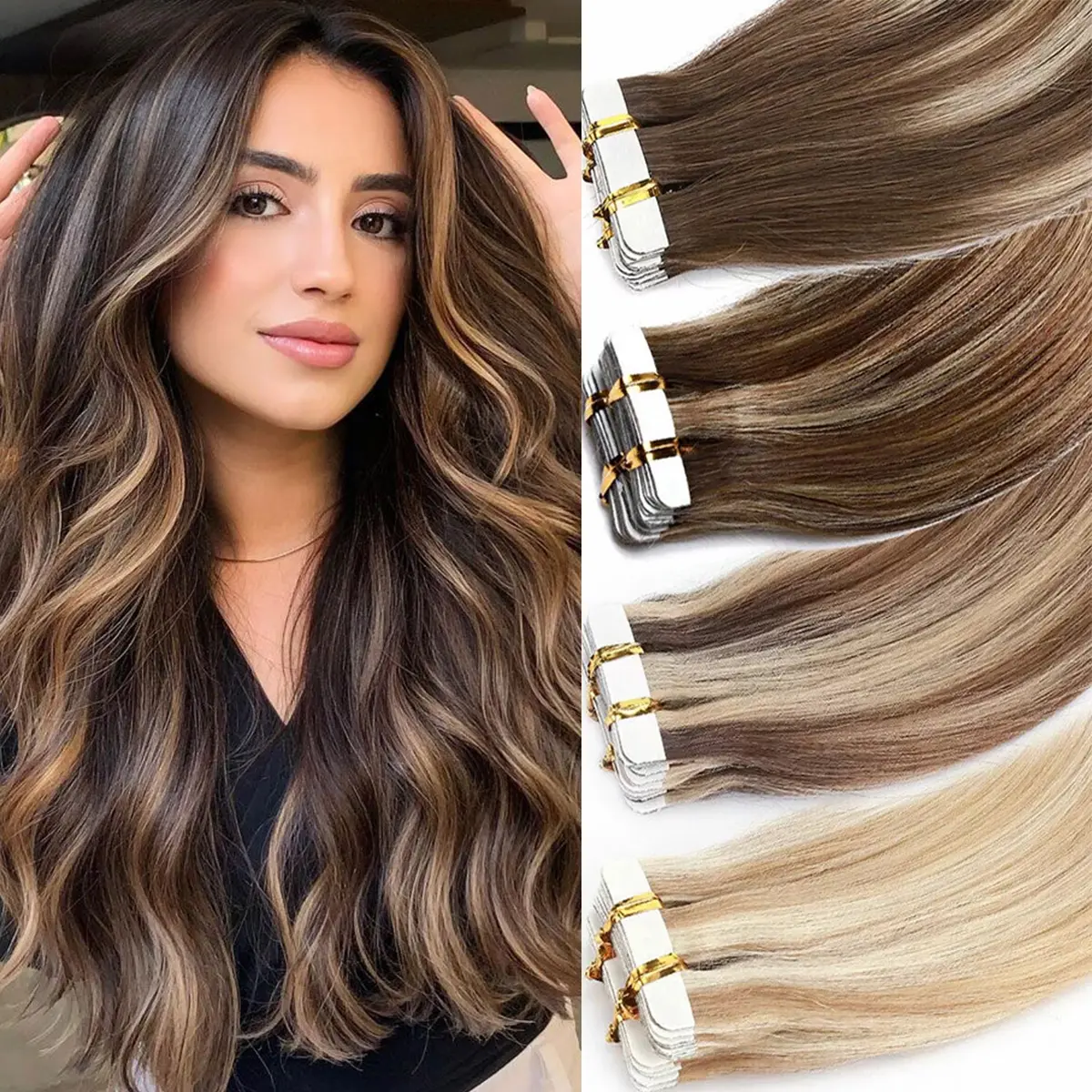 20Pcs Real Human Hair  Invisible Tape In on Skin Weft  Full Head Skin Wefts Seamless hair extensions Seamless Hair Extensions Highligh Straight Human Hair 12-24inch