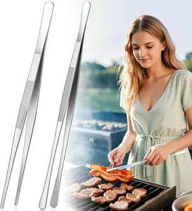 [2 PSc] 12-Inch Cooking Tweezers Tongs Stainless Steel Kitchen Tweezers with Dual-Head Design and Non-Slip Grip Chef Tweezer Tongs for Frying Plating Pasta BBQ Air Fryer Food Prep Tools
