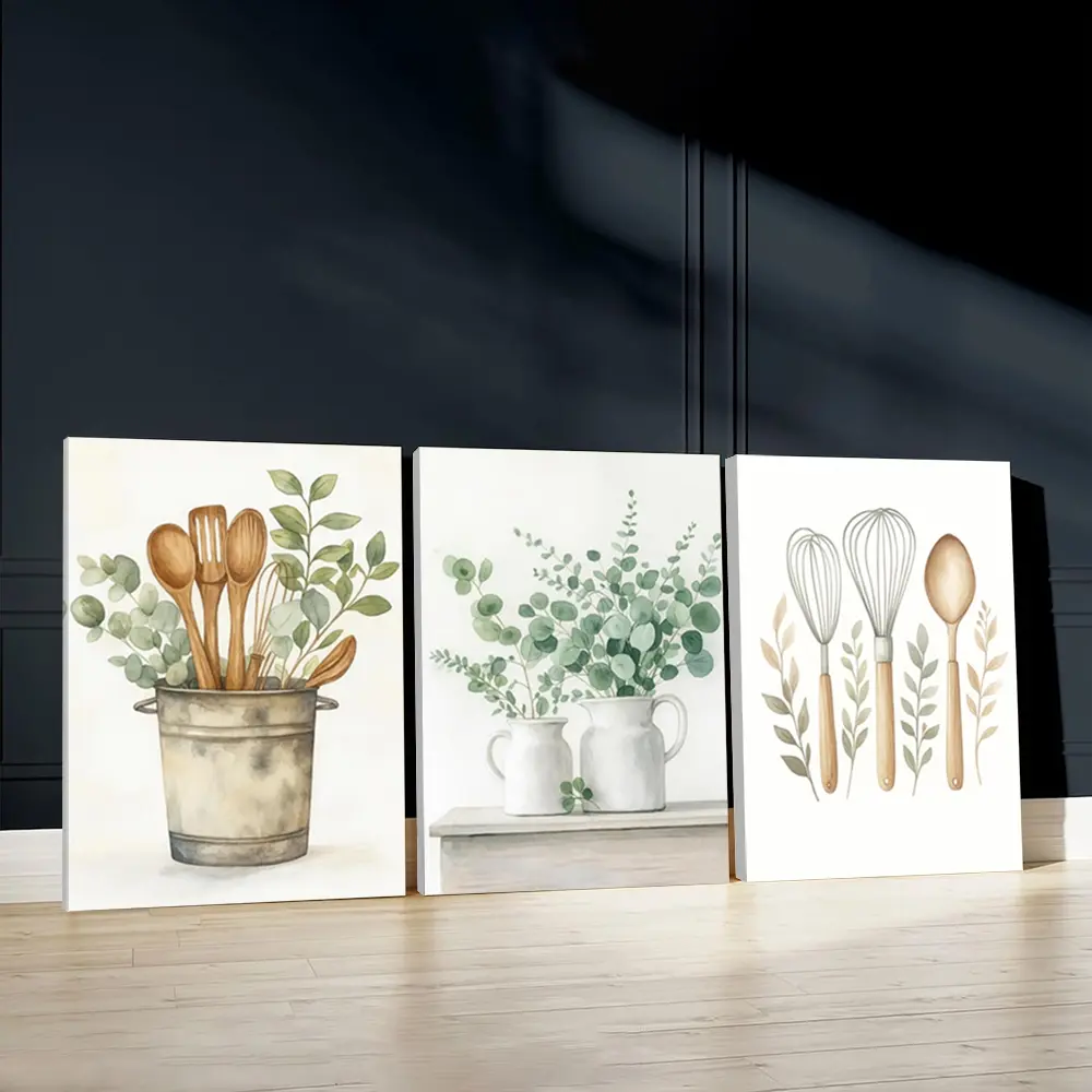 3pcs Rustic Shabby Chic Kitchenware Wall Art, Decoration Items, Decorative Artwork, Greenery Touch Poster, Farmhouse Home Decor, Wall Paintings, Canvas Posters Wall Arts for Living Room, Housewarming Gift With Frame