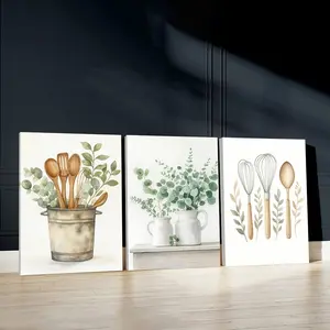 3pcs Rustic Kitchenware Wall Art, Greenery Touch Poster, Dining Art Prints, Watercolor Floral Print, Farmhouse Home Decor, Modern Wall Paintings, Canvas Posters Wall Arts for Living Room, Kitchen, Housewarming Gift With Frame, Set