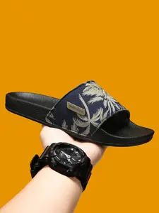 Men's Tropical Palm Tree Jacquard Denim Slide Slippers, Vacation Style One‑Strap Casual Sandals, Non‑Slip Thick Soft Sole Slides, Fashion Designer Footwear for Summer Beach Indoor Outdoor Daily Wear