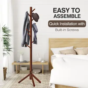Coat Rack, Coat Racks Freestanding with 8 Hooks 3 Adjustable Heights for Clothes, Hats, Handbags, Coat Tree Easy Assembly for Entryway, Bedroom, Hallway, Office(Nature)