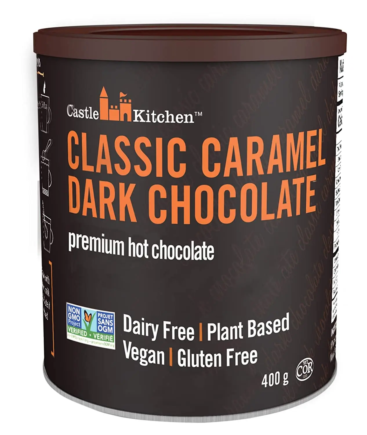 Castle Kitchen Classic Caramel Dark Chocolate Premium Hot Cocoa Mix - Winter Favorite - Dairy-Free, Vegan, Plant Based, Gluten-Free, Non-GMO Project Verified, Kosher - Just Add Water - 14 oz