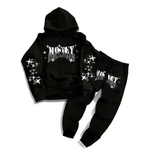 Men’s two-piece set featuring a star-patterned, super-intelligent letter-print hoodie and matching pants; slightly stretchy apparel suitable for autumn and winter.