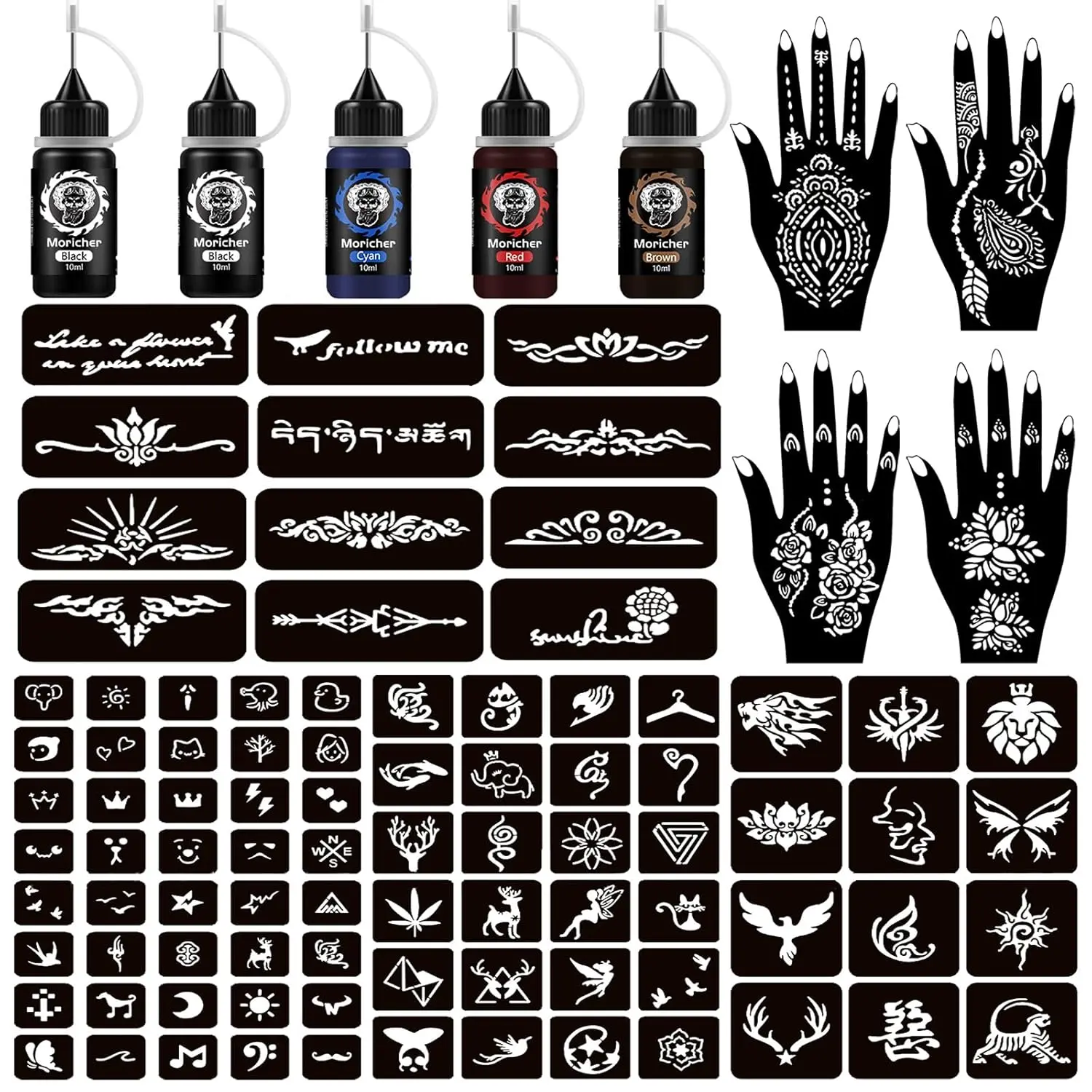 Temporary Tattoo Kits 5 Inks 102 Stencils, Henna Tattoo Kit with Mandala Stencils Semi Permanent Tattoo Markers Jagua Gel for Women Men Kids Removable