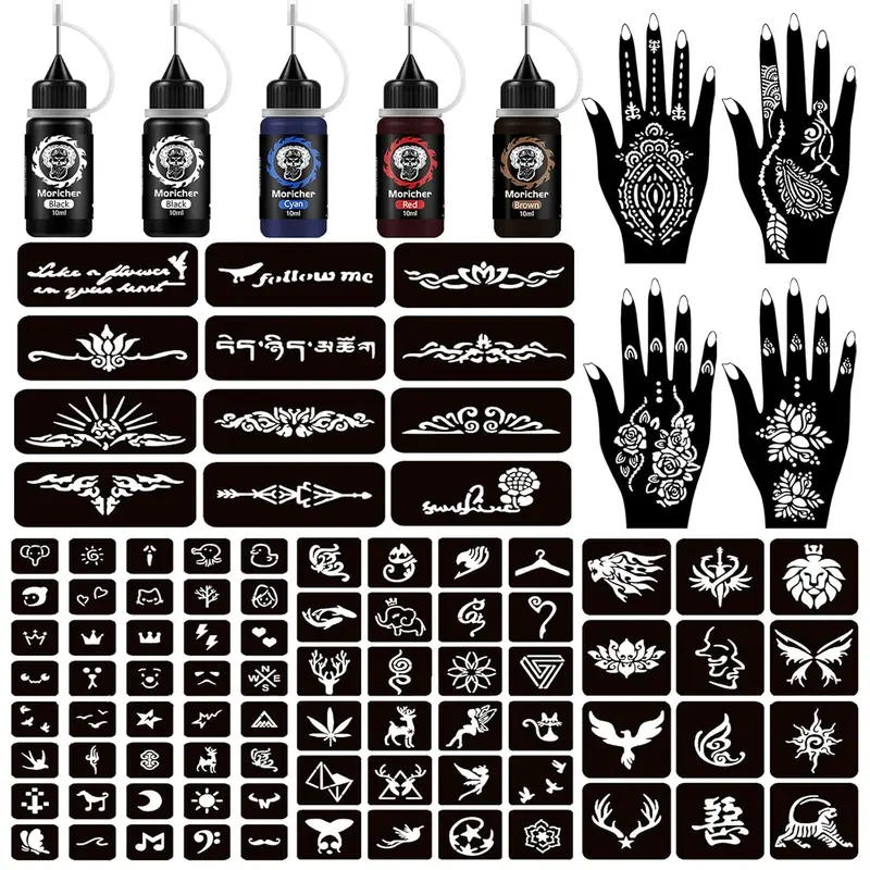 RAPID Temporary Tattoo Kits 5 Inks 102 Stencils, Henna Tattoo Kit with Stencils Semi Permanent Tattoo Markers Jagua Gel for Women Men Kids Removable