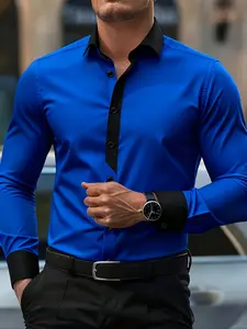 Men's Blue Patchwork Shirt, Unique Design, Creative Style, Fitted Casual Wear, All Seasons, Plain Pattern, No Ca Prop 65, Casual Stylish Menswear, Fashionable Shirts