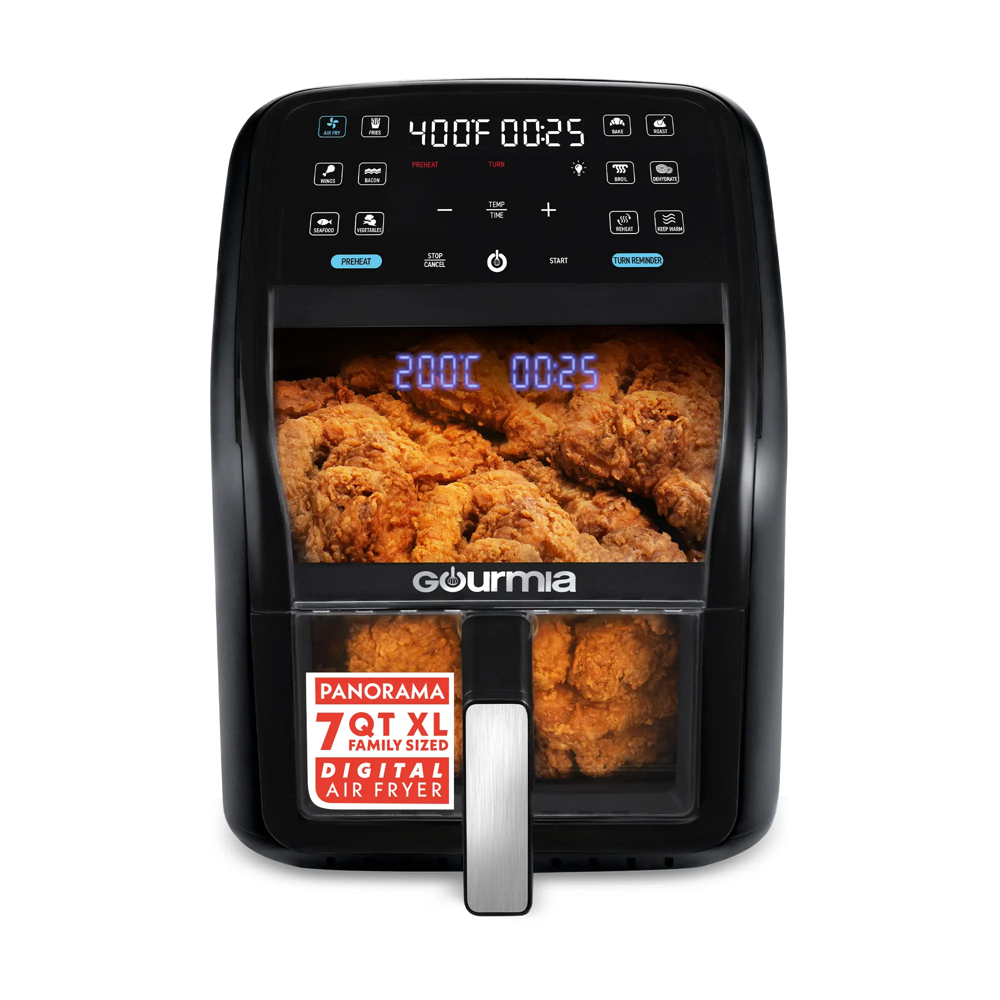 Gourmia 7 QT Digital Square Air Fryer - Nonstick, 3D Holographic Display, Digital Display, Easy View Panoramic Window, Interior Light, Guided Cooking, 12 Presets, FryForce 360, Dishwasher Safe Accessories, Crisper Tray, Family-Sized Large Capacity