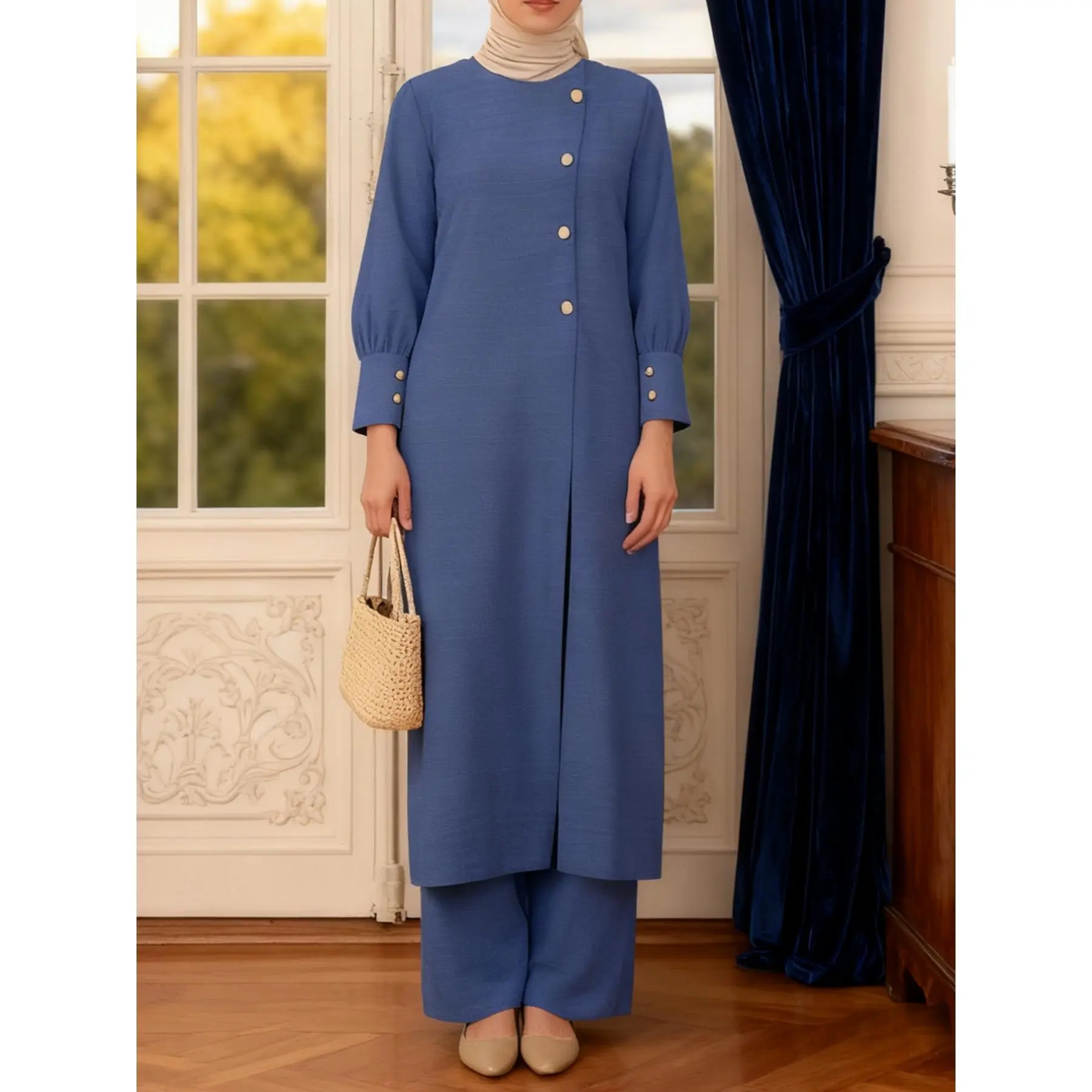 Women's Spring Modest 2-Piece Middle Eastern Muslim Abaya Set - Polyester Long Sleeve Split Round Neck Shirt, Elastic Waist Plain Wide-Leg Loose-Fitting Pants, In-Stock for Ramadan, Split Shirt