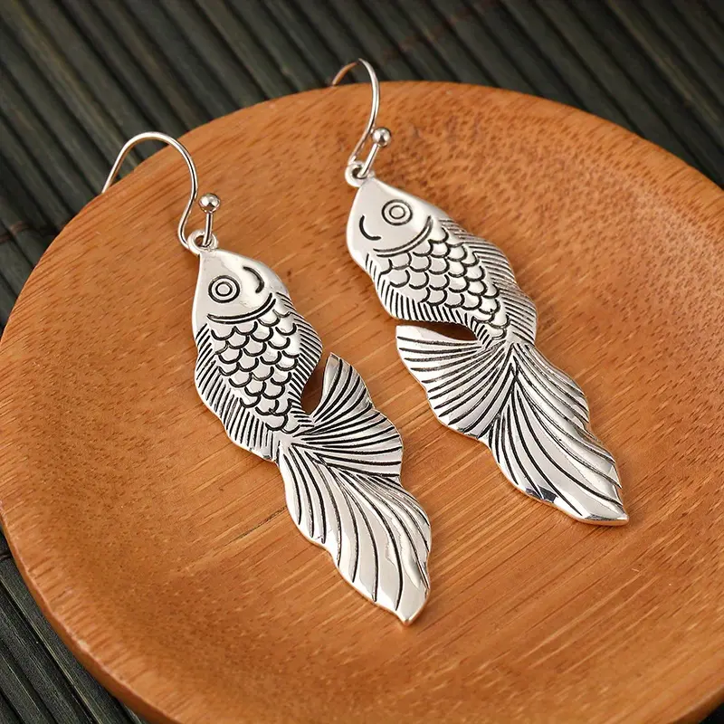 Antique Silver Tone Koi Fish Dangle Earrings for Women Funky Unique Accessories Comfortable Daily Wear