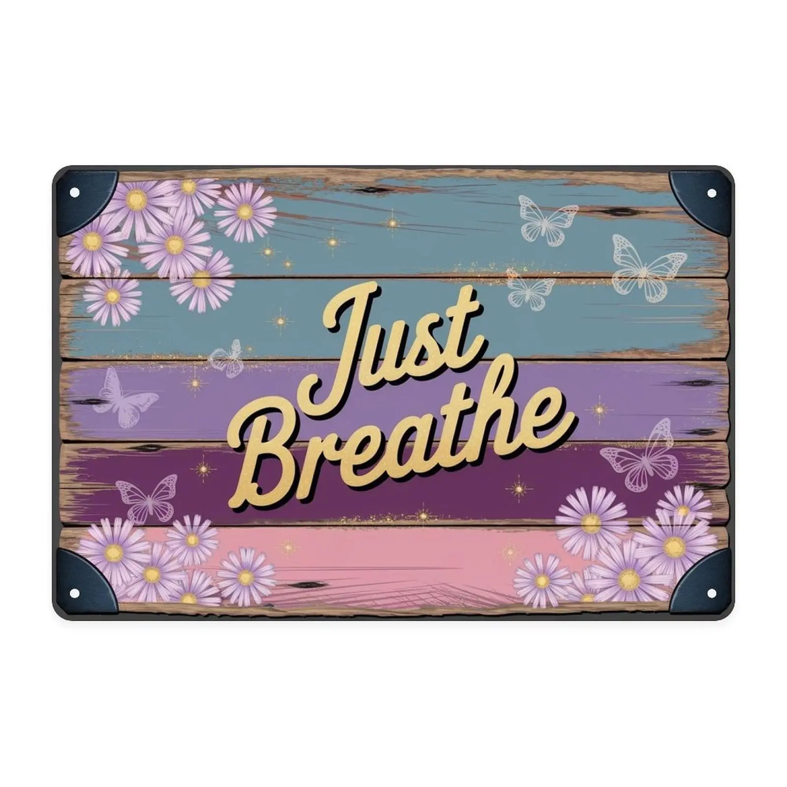 Just Breathe Floral Butterfly Tin Sign, Vintage Rustic Purple Pink Flowers Butterfly Metal Sign Print Aesthetic Room Decoration for Home Bedroom Kitchen Bar Coffee Bathroom Indoor Outdoor Wall Decor,