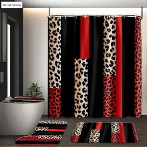 1/4PCS LEOPARD PRINTED IN RED AND BLACK Shower Curtain Set with Rugs, Non Slip Bath Mat, U-Shape Carpet, Toilet Lid Cover, Bathtub Curtain Accessories, 12 Hooks, Home Bathroom Festival Decor