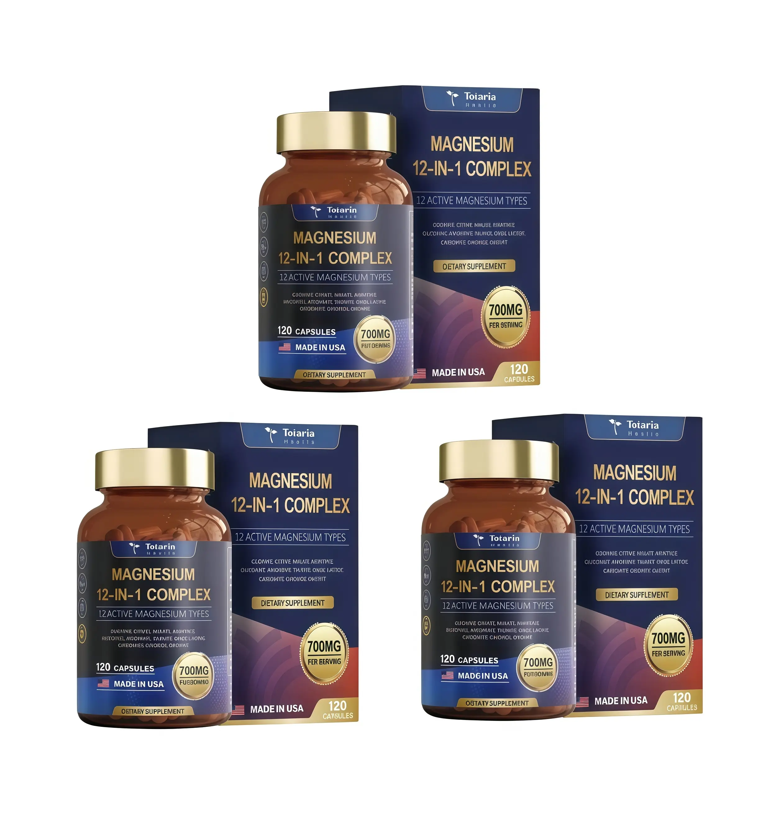 3-hot Totaria 12-in-1 Magnesium Complex 700mg - Supplement with Glycinate Citrate Malate Oxide Taurate Aspartate Orotate, Vegan Capsules for Muscle, Heart, and Relaxation Support