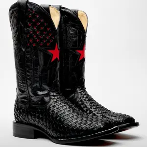 Black Basketweave Leather Boots - Square Toe