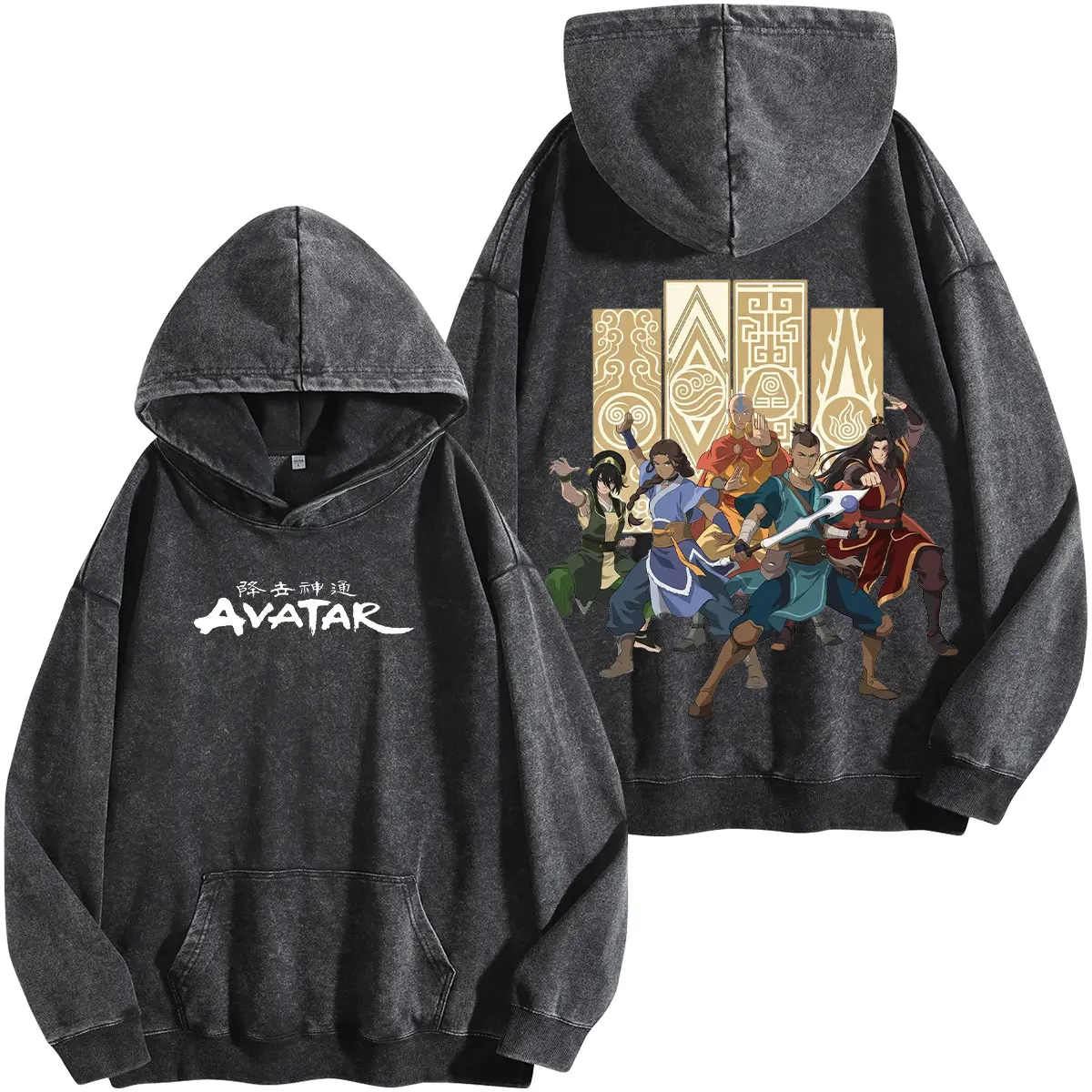 Avatar Team Adult Avatar Aang Zuko Toph Katara The last Air Bender 5 Hero Double Printed Oversize Washed Hoodie heavytweight Acid Washed Tee TV Show Graphic Top Cotton Gift T-Shirt For Comic Lover, Gift T-Shirt For Movie Lover