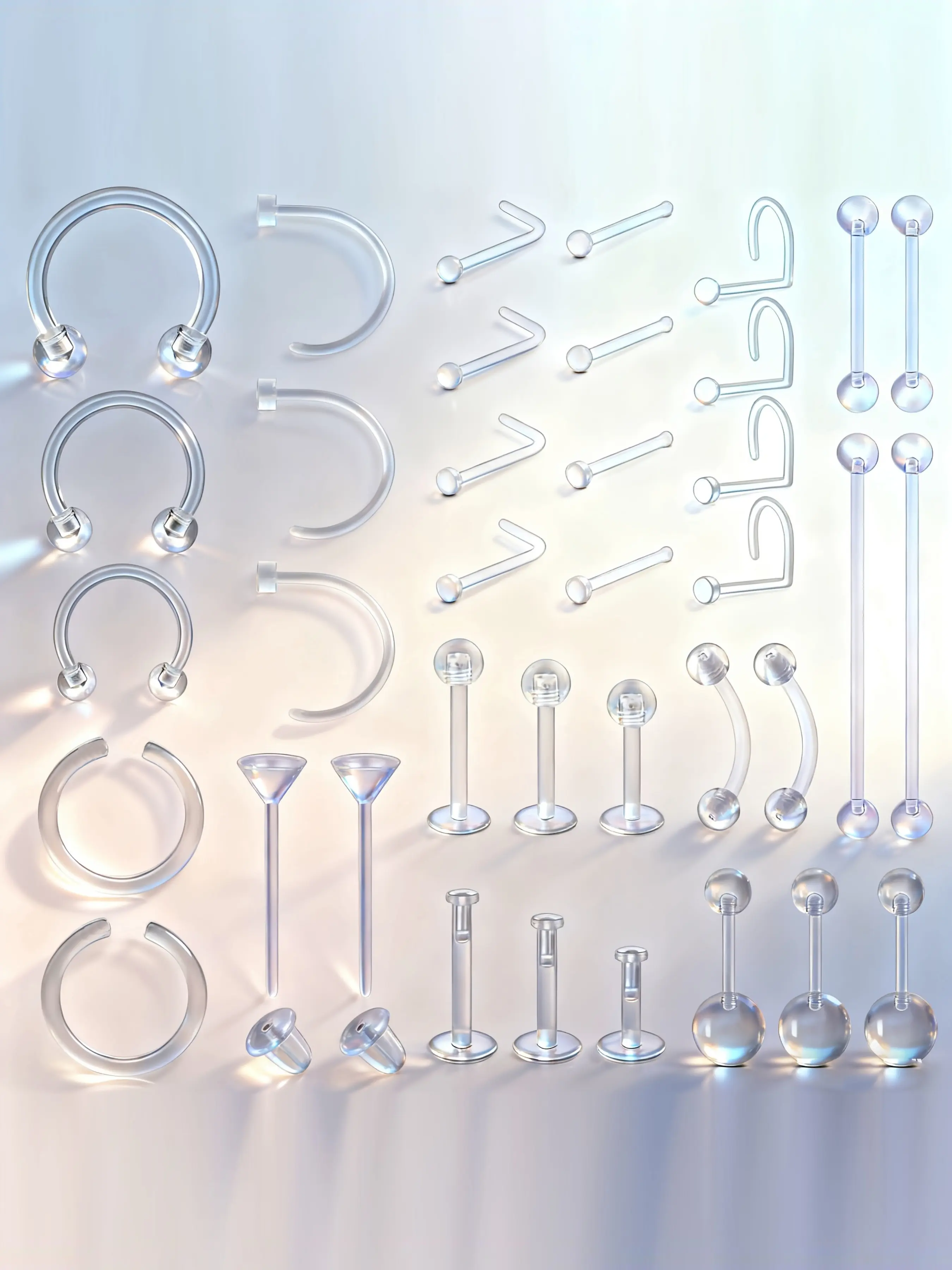 37pcs Clear Piercing Retainers Set, Bioflex Material, Multiple Body Parts, Septum Ring, Nose Hoop, Durable & Comfortable Design, Ideal for Daily Wear