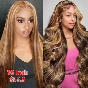 【Clearance Sale】MEGEEN Hair Honey Blonde Ombre 13x4 13x6 Transparent Lace Front Wig Human Hair Highlight Body Wave Straight Lace Frontal Wigs Human Hair Pre Plucked 180 Density Lace Frontal Wig for Women 4/27 Color 16 Inch