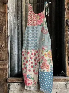 Women's Spring/summer Casual Jumpsuit with Floral Pattern Patchwork Design, Bohemian Comfortable Vacation for Holiday Travel Floral Print Overalls