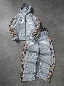 Men's and women's, Fitted styles of street hip-hop casual wear, Leopard print "USA" pattern sportswear set, Tracksuit Sweat Suits, suitable for spring and autumn campus life, outdoor activities, street photography