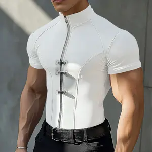 INCERUN Men's Casual T-Shirts - Solid Color Polyester Fabric, Metal Button Zipper Detail, Menswear Short-Sleeve Top