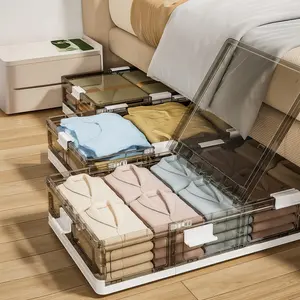 Under Bed Storage Boxes with Wheels & Lids, Foldable Stackable Large Capacity Transparent Plastic Storage Containers with 360° Wheels, Space-Saving Storage Organizers for Clothes, Bedding, Blankets, Closet & Small Spaces, Under bed Rolling Box
