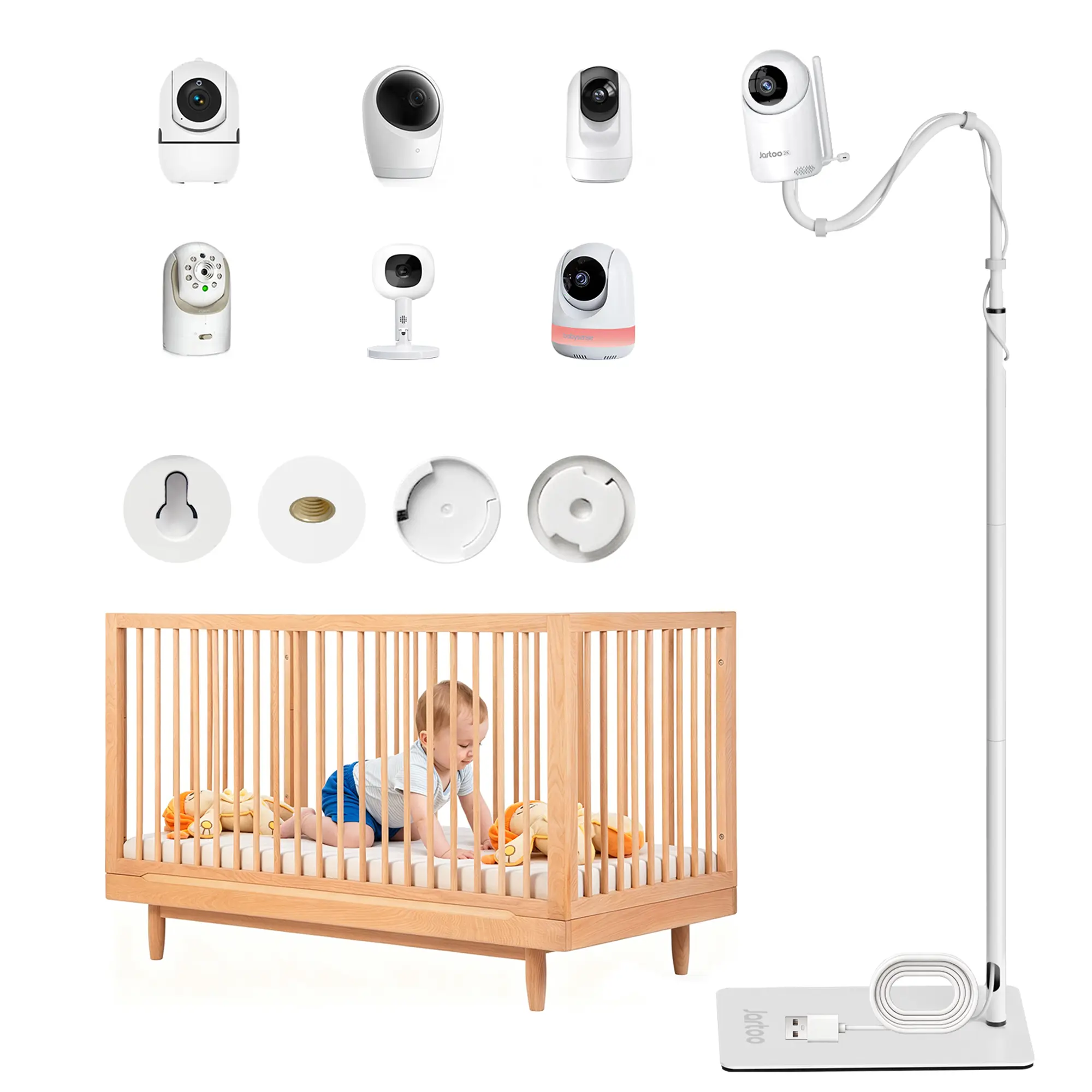 Jartoo Baby Monitor Floor Stand Holder Mount, (Camera NOT Included) Compatible for HelloBaby HB65/HB40/HB6560/HB6339/HB6550 Pro, Momcozy, Nanit, VAVA, Adjustable Height & Stable Base, No Tools or Wall Damage