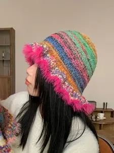 Women's Vintage Rainbow Stripe Oil Painting Style Knitted Hat with Ruffle Edge, Fashion Cool Bucket Hat, Autumn and Winter Fashion Hat, Handcrafted Caps, Casual Hat, Knit Hats