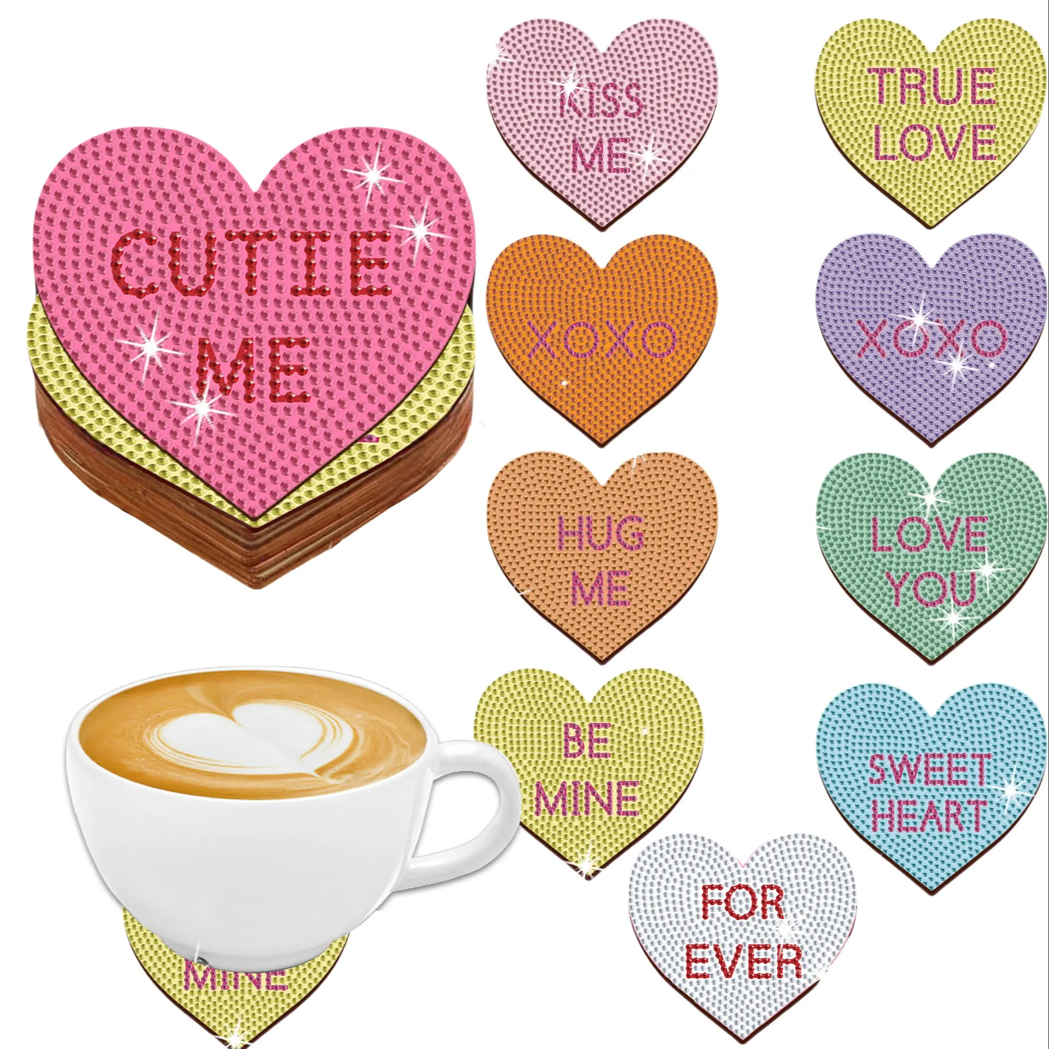 10-piece diamond painting set with heart-themed patterns, DIY diamond art painting coasters without cup holders, wooden coasters, suitable for Valentine's Day gifts in living rooms, offices, bars, restaurants, Craft Diamond Painting Kits