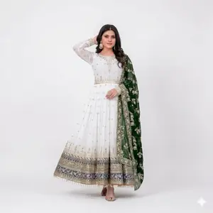 Indian Long Dress - White with Green Embroidery, Long Sleeves, Elegant Design for Casual Women's Wear - Womenswear