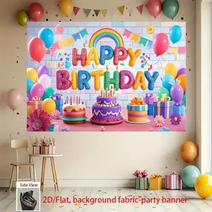 Colorful Happy Birthday Background Banner with Balloons, Rainbow, and Cake Design - Polyester Fabric, suitable for living room, bedroom, office, birthdays, anniversaries, home decor, outdoor and indoor parties, photography backdrop, and birthday party