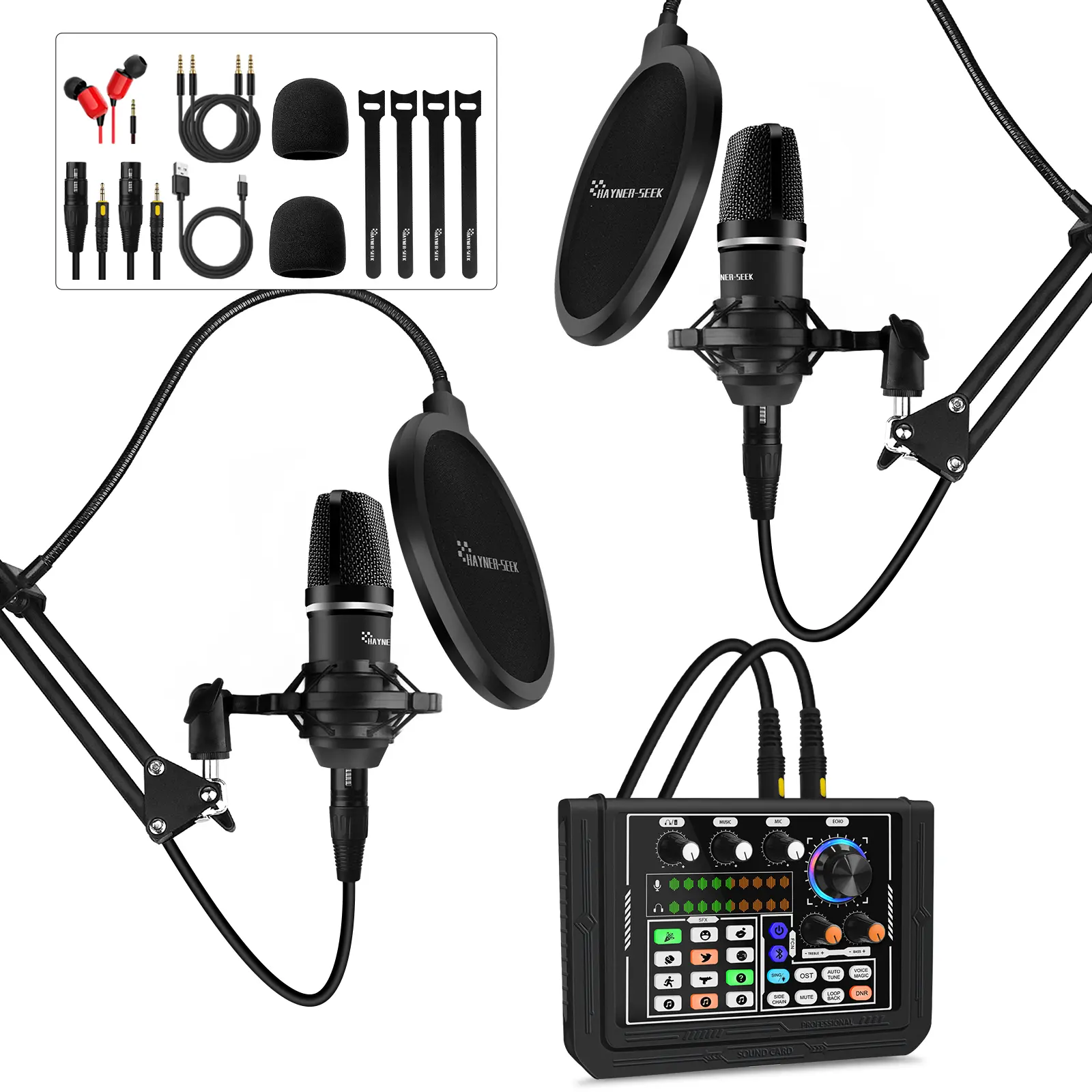 Hayner-Seek Podcast Equipment Bundle, DJ Mixer Sound Mixer with 3.5mm Mic Audio Interface/Audio Mixer for Live Streaming/Gaming/Recording/Singing/PC/Smartphone/Tablet
