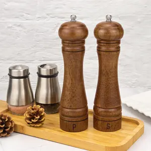 2 Pack Wood Pepper Grinder Pepper Mill, Adjustable Coarseness 8 Inch Wooden Peppermill, Ceramic Grinding Mechanism Salt Mill Refillable
