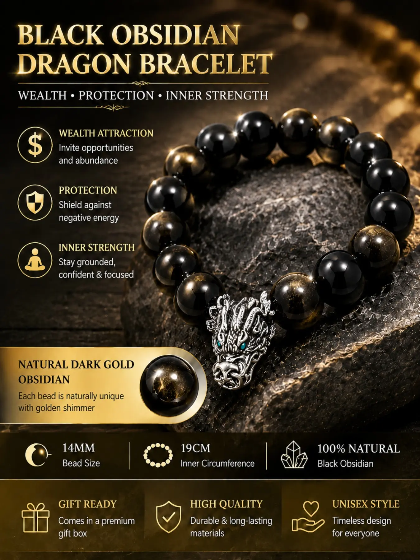 Men's Natural Crystal Bracelet, Lucky Bracelet, Obsidian Dragon Head, Wealth Attraction, Protection, Wedding Gift, Silver Color Setting, Natural Crystal Jewelry, Crystals Bracelets