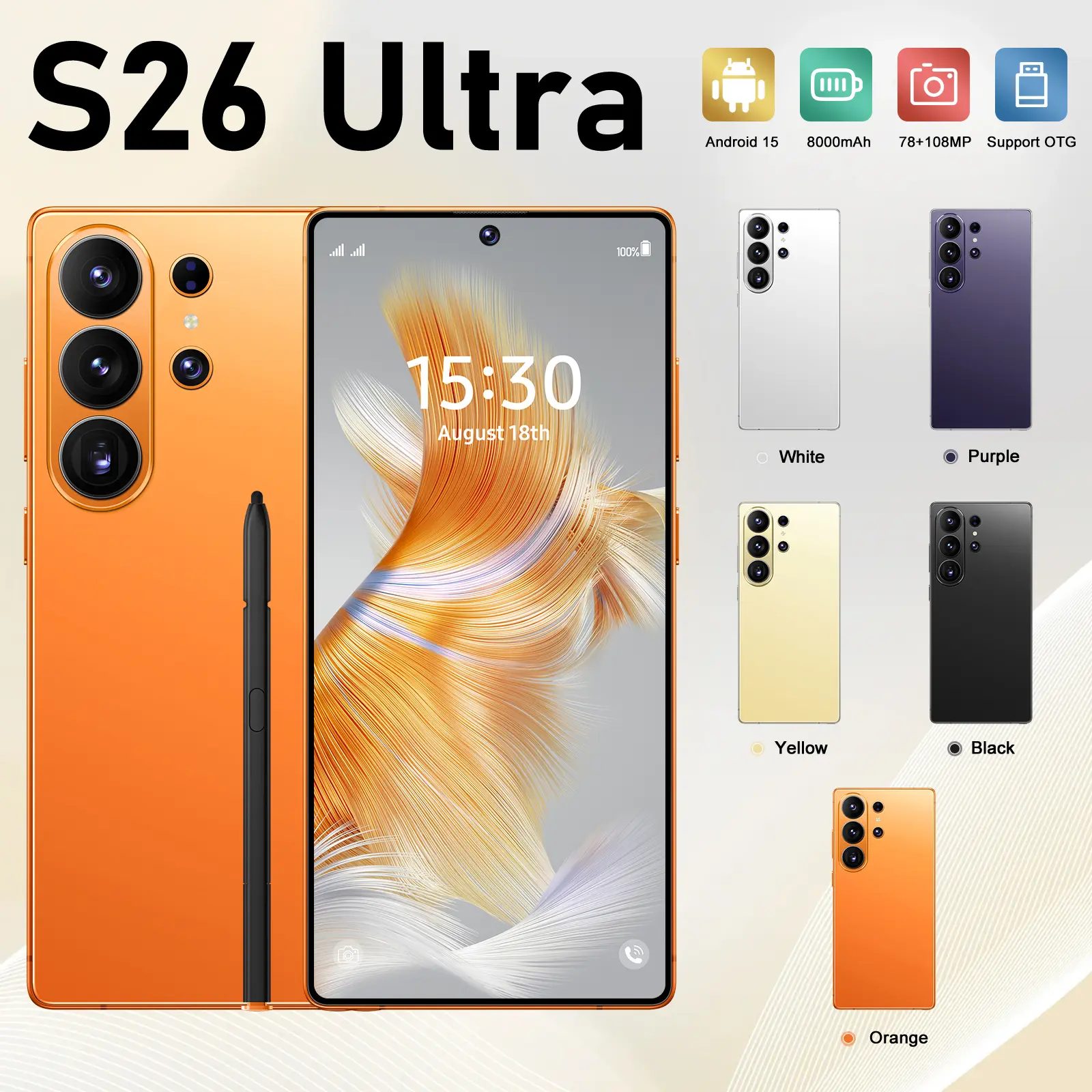 2026 S26 Ultra Unlocked 5G Android 15 Smartphone,12GB+512GB,6.99" HD Display,78MP+108MP Cam,8000mAh, Dual Card, Built-in Pen, Face Unlock, Case & Protector