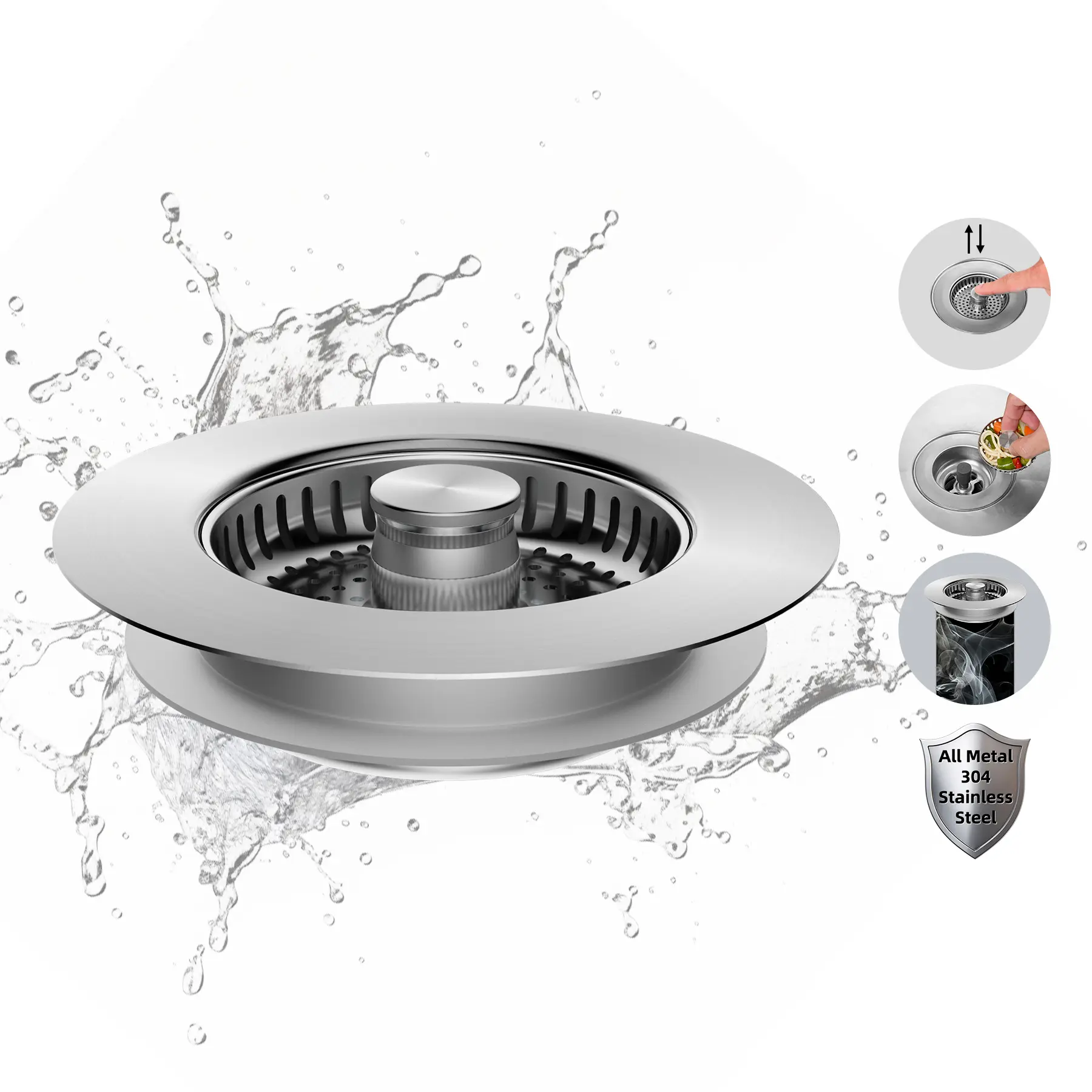 Hibbent Brushed Nickel 2-Pack 3-in-1 Indoor Kitchen Sink Strainer Combo - Anti-Rust Stopper, Clog-Prevention Stainless Steel Basket with Metal Handle Drain Fixture Accessory (Filter Cover, Mesh Screen)