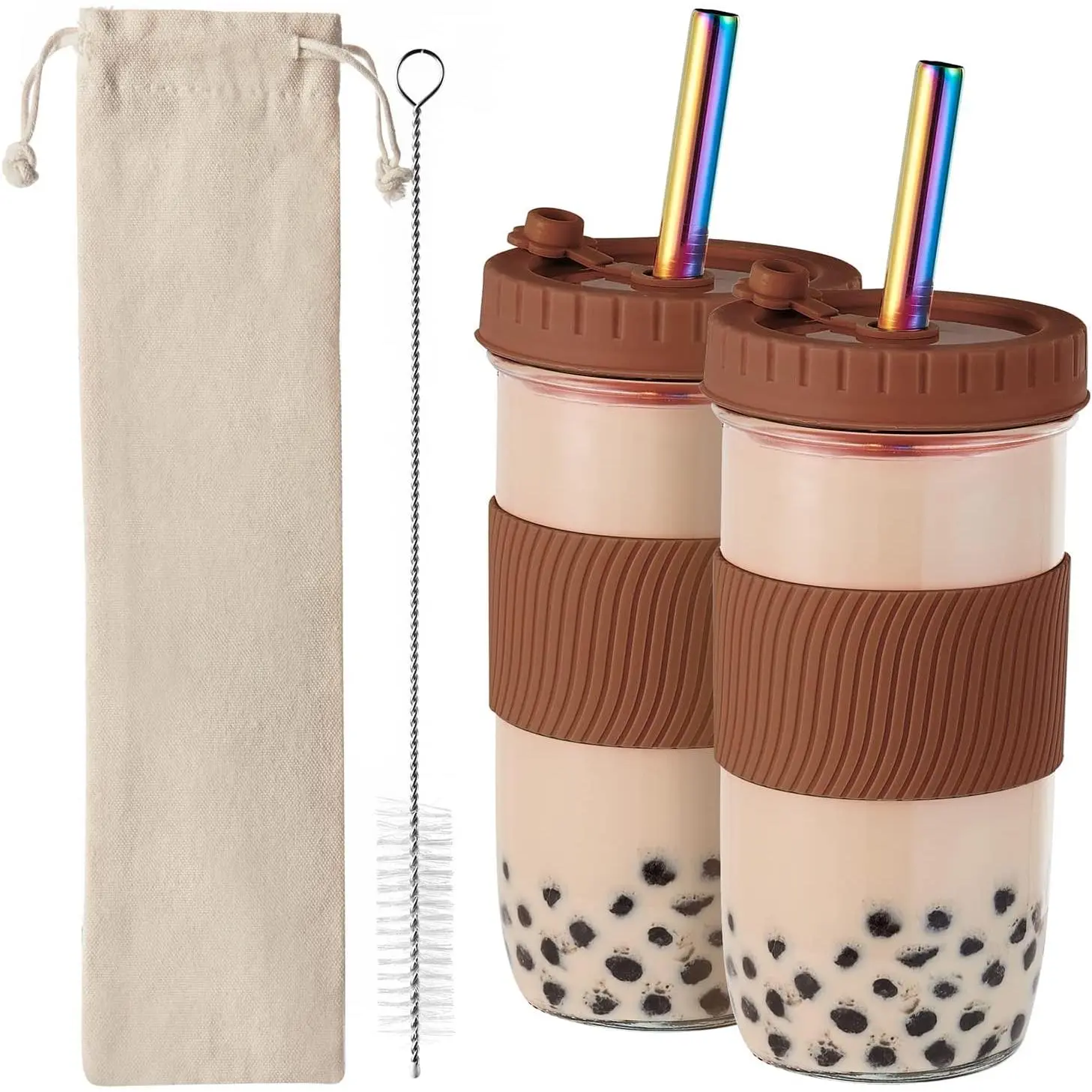 2 Pack  Boba Cup,24Oz Wide Mouth Smoothie Cup,mason Jar Glass Cups with Lids and Straws,Bubble/Boba  Cups,Ice Coffee Tumbler 2 colored straws 1 sponge brush(Brown)