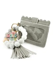 Mama Floral Charm Silicone Beaded Wristlet Keychain Pendant, PU Leather ID Card Holder, Boho Tassel Keychain Wallet, Mother's Day Gift for Mom, Flower Keychain