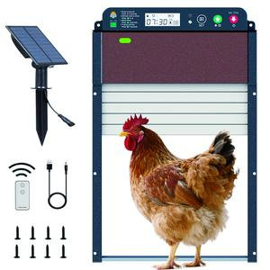 Automatic chicken coop door with solar& timer &light sensor, remote control, rechargeable battery, auto solar powered chicken roller door opener, anti pinch protection for chicken Wood