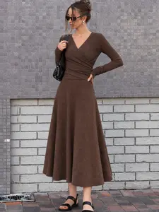 ROSEGALETTE Women's 2-Piece Knitted Style Set - Fitted Casual Crossover Bowknot Tied Back Long Sleeve Cropped Top, Elastic A-Line Midi Skirt, Plain Color Outfit for Summer, Winter Outdoor Use