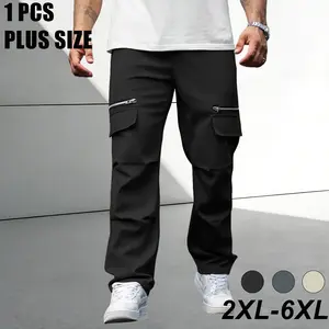 2XL–6XL, single piece plus-size men’s casual loose cargo pants with side zipper pockets; available in three colors; suitable for stylish outfits, daily commuting, and outdoor leisure activities.