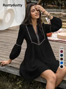 Women's Geometric Embroidery Smock Dress, Boho Bishop Sleeve Notched Neck Short Dress for Beach Vacation Holiday, Ladies Clothes for All Seasons