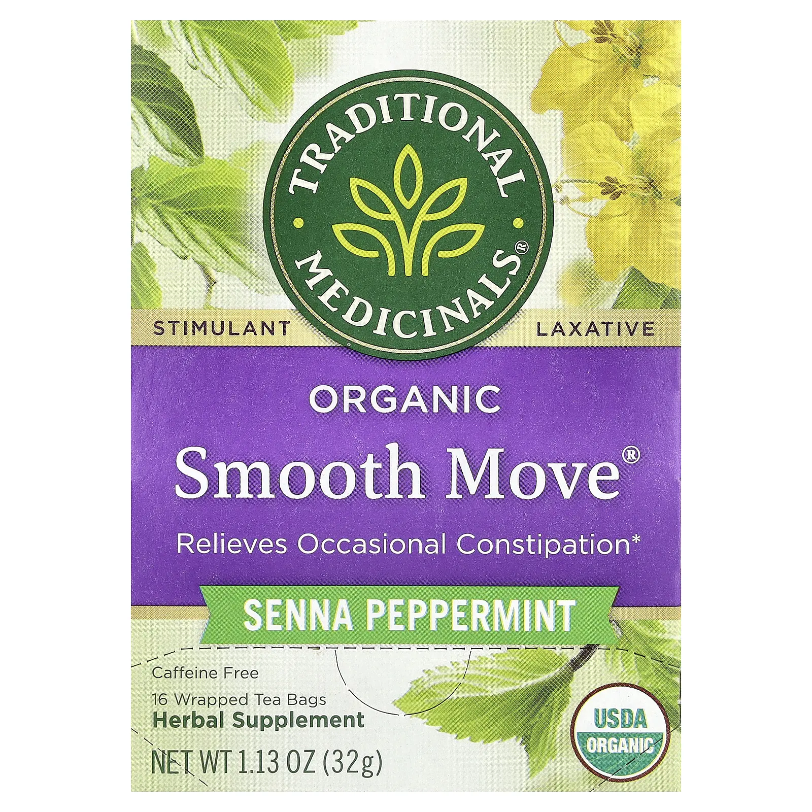 Traditional Medicinals Organic Smooth Move®, Senna Peppermint, Caffeine Free, 16 Wrapped Tea Bags, 1.13 oz (32 g)