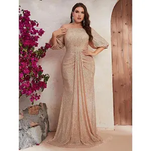 Plus-size off-shoulder ruched sequin formal dress for women — elegant prom evening gown/guest dress suitable for weddings, graduations, dinners, and workwear