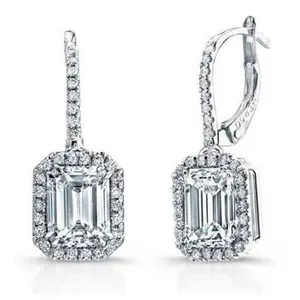 1.50 ct. Emerald Cut Lever Back Halo Dangling Earrings