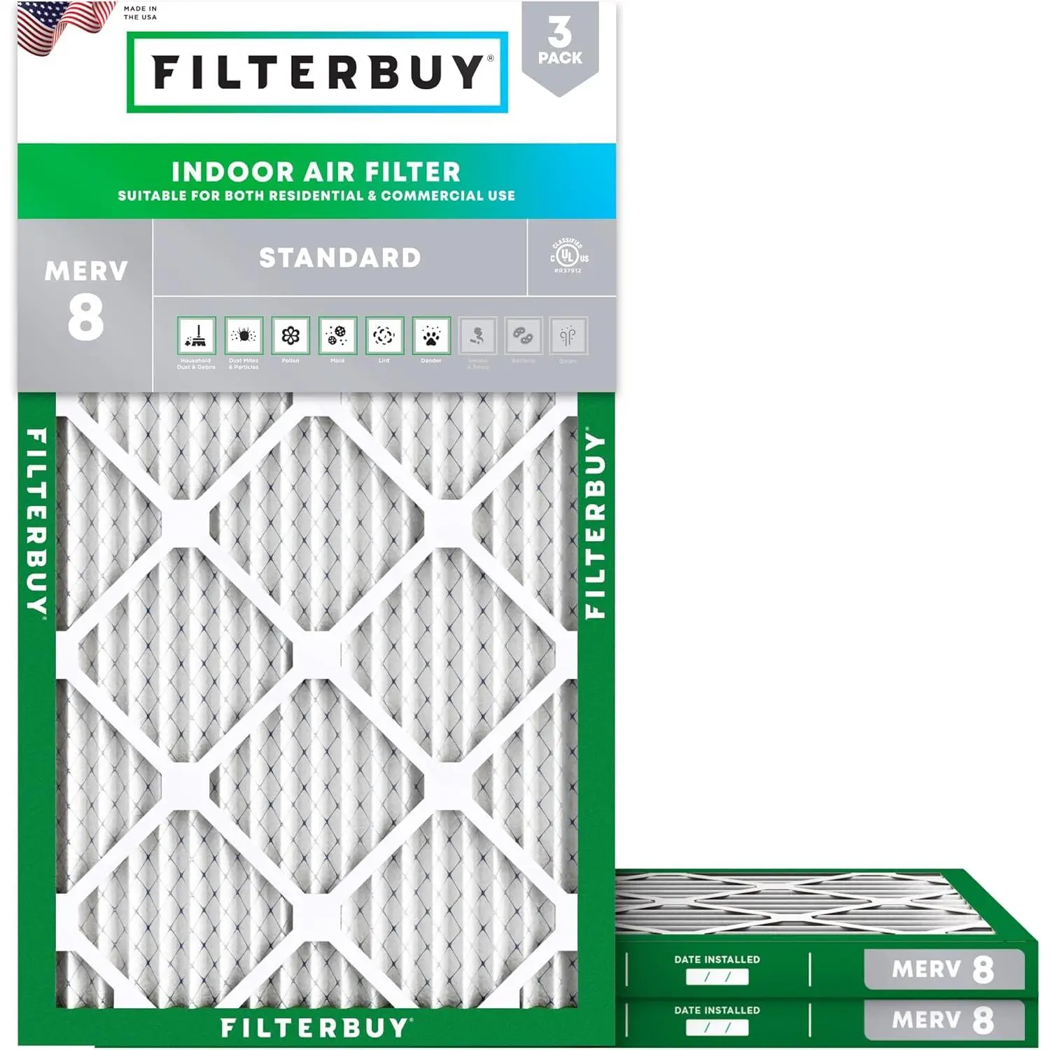 Filterbuy 12x30x1 In Eco-Friendly Electrostatically Charged HVAC AC Furnace Air Filter (3-Pack Value, Recyclable Materials, MERV 8 Dust Defense, Actual Size: 11.88x29.88x0.75 In)