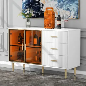 [Bellemave] Modern Sideboard MDF Buffet Cabinet Marble Sticker Tabletop and Amber-yellow Tempered Glass Doors with Gold Metal Legs & Handles (White)