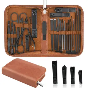 26-Piece Professional Manicure Set – Stainless Steel Nail Clipper Kit with Grooming Tools – Includes Luxurious Travel Case for Home and Travel Use Nail File Kit Brown